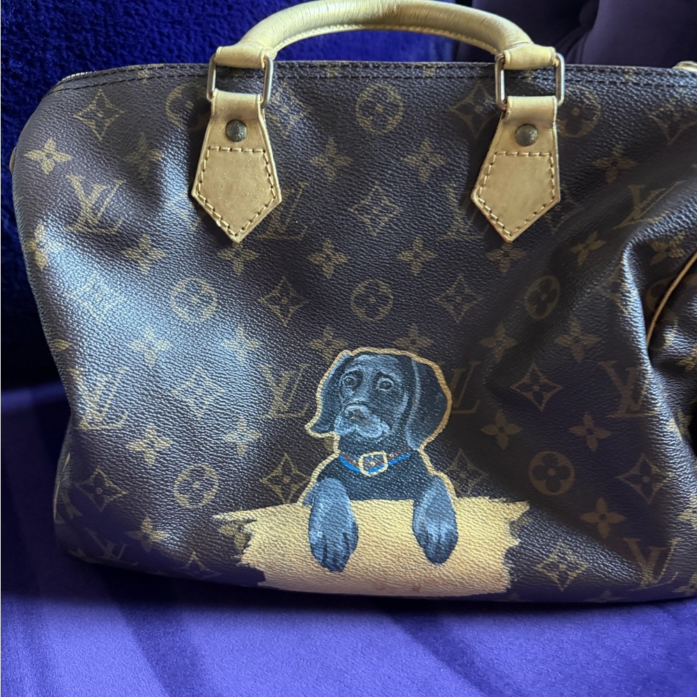 Louis Vuitton Brown Canvas Bag with hand painted black lab pup